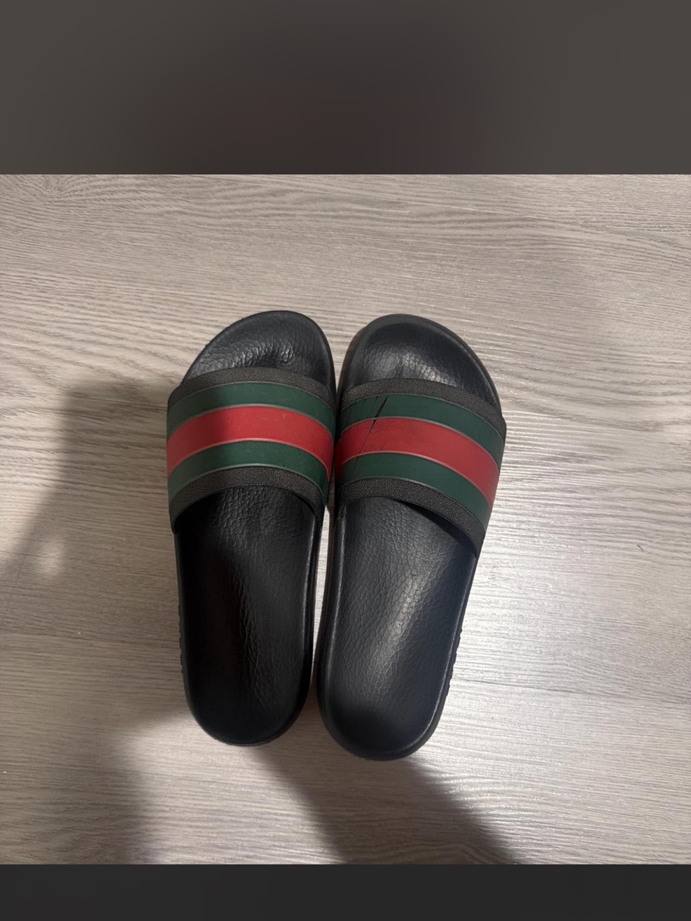 Gucci Black Slide Sandals with Green and Red Stripes